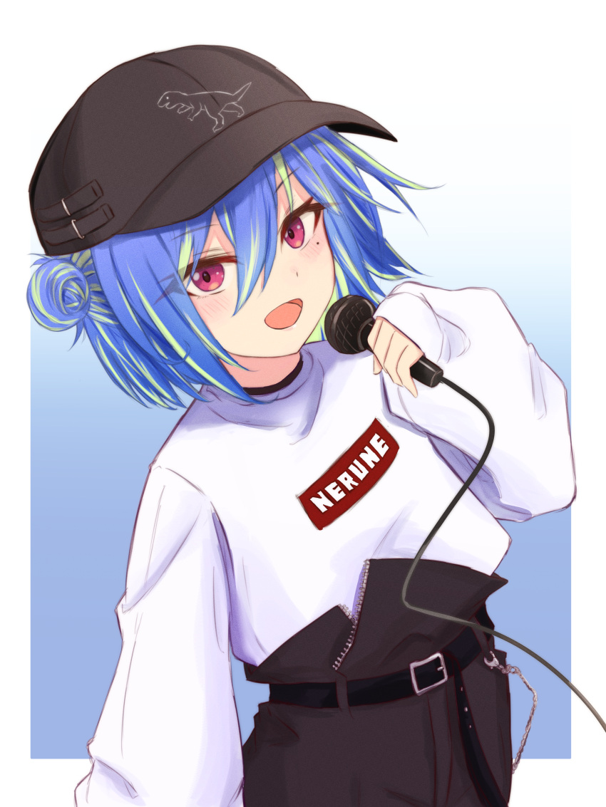 1girl :d absurdres baseball_cap belt black_belt black_headwear black_shorts blue_background blue_hair blush commentary_request cowboy_shot dinosaur_print double_bun flat_chest gradient_background green_hair hair_between_eyes hair_bun hat highres holding holding_microphone long_bangs long_sleeves looking_at_viewer microphone mole mole_under_eye multicolored_hair nanashi_inc. official_alternate_costume open_mouth pink_eyes salmon231 short_hair shorts smile solo suzumi_nemo suzumi_nemo_(2nd_costume) sweater two-tone_hair tyrannosaurus_rex virtual_youtuber white_background white_sweater