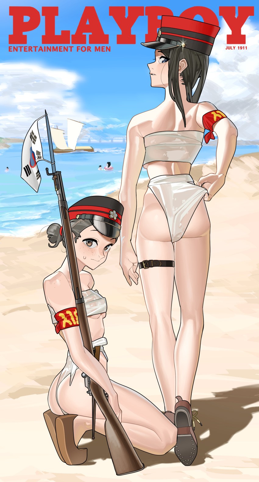 2girls absurdres armband ass back backboob bayonet beach belt bikini bikini_day black_hair blue_eyes blue_sky blush boat body_freckles bolt_action boots breasts brown_eyes brown_footwear chest_sarashi cloud day english_text freckles from_behind full_body grey_hair gun hair_bun hair_tie hat highres holding holding_gun holding_weapon horizon imperial_korean_army imperial_korean_flag kneeling korea korean_empire long_hair looking_at_viewer looking_back military military_hat multiple_girls ocean old-fashioned_swimsuit original outdoors panties panty_pull peaked_cap pzkpfwi rifle sail sand sarashi shine ship single_hair_bun sky small_breasts standing sweat sweatdrop swimsuit thighs underboob underwear water watercraft waves weapon wet wet_clothes white_bikini