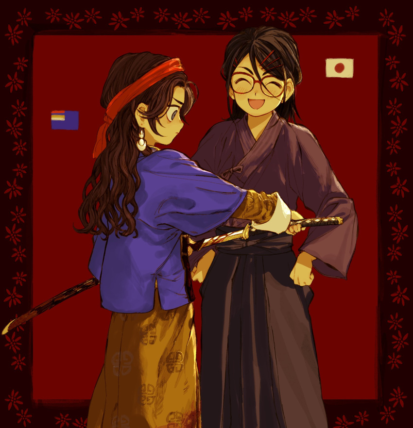 2girls ^_^ bags_under_eyes black_border black_hair blood blood_on_clothes blood_on_weapon blush border brown_hair brown_robe closed_eyes closed_mouth commentary_request drawing_sword drop_earrings earrings facing_another feet_out_of_frame flag frown glasses grey_eyes hair_ornament hairclip hakama headband highres holding holding_sword holding_weapon jacket japan japanese_clothes japanese_flag jewelry katana kimono long_hair looking_at_object mongol_united_autonomous_government mongolia multiple_girls nanimonothing open_mouth original ornate_border pattern_request patterned_clothing personification profile purple_jacket purple_kimono red-framed_eyewear red_background red_headband robe simple_background smile standing swept_bangs sword v-shaped_eyebrows wavy_hair weapon wide-eyed