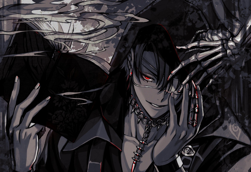 1boy alternate_eye_color aragami_oga black_hair black_shirt black_theme book claw_ring cm10th collar collarbone colored_skin curtains dark-skinned_male dark_skin earrings eye_print eyepatch fingernails grey_skin grin hair_over_one_eye hands_up highres holding holding_book holostars hood hood_up horns horns_through_hood jewelry leash looking_at_viewer male_focus medical_eyepatch open_book red_eyes sharp_teeth shirt short_hair single_horn skeletal_arm smile smoke solo spot_color suspenders teeth upper_body virtual_youtuber wristband