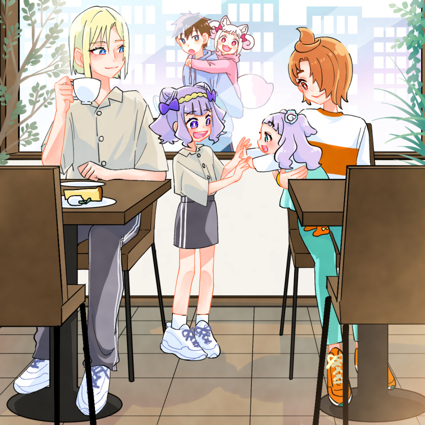 3boys 3girls aged_down animal_ears ankle_socks blonde_hair blue_eyes blue_hoodie bob_cut bright_pupils brown_hair carrying chair child closed_mouth collared_shirt cone_hair_bun cup day delicious_party_precure double_bun double_vertical_stripe ellee-chan fox_ears fox_girl fox_tail green_pants grey_pants grey_shirt grey_skirt hair_bun hair_ornament hair_over_one_eye hirogaru_sky!_precure holding holding_cup holding_hands hood hood_down hoodie hugtto!_precure indoors kome-kome_(precure) long_sleeves matching_outfits miniskirt monster_rally multiple_boys multiple_girls orange_footwear orange_hair outdoors pants piggyback pink_eyes pink_hoodie precure purple_eyes purple_hair reaching red_eyes restaurant ruru_amour series_connection shinada_takumi shirt shoes sitting skirt smile sneakers socks standing table tail teacup wakamiya_henri white_footwear white_hair white_pupils white_shirt white_socks yuunagi_tsubasa_(bird)
