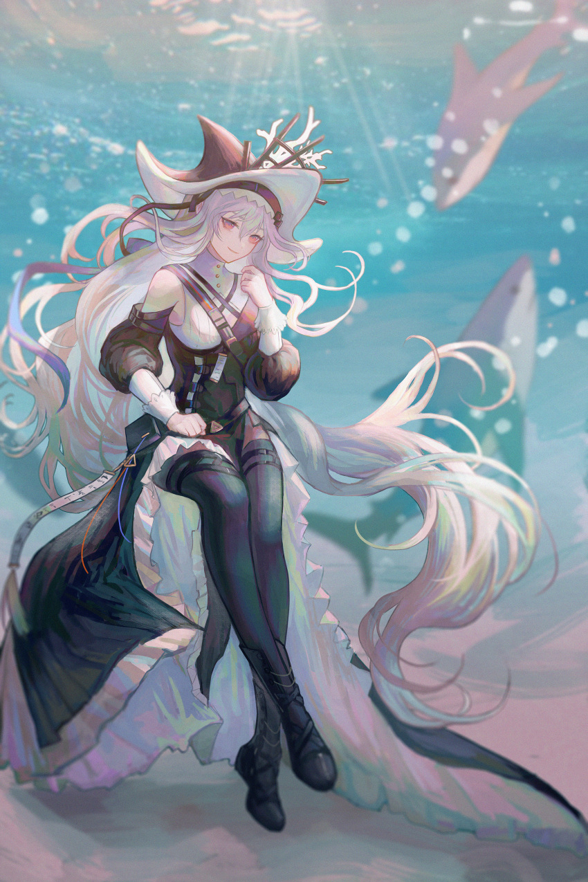 1girl absurdres arknights bare_shoulders black_dress black_headwear black_pantyhose black_thighhighs boots dress highres long_hair looking_at_viewer pantyhose puffy_sleeves red_eyes shark simple_background sitting skirt specter_(arknights) thighhighs underwater very_long_hair white_hair zel_(o_q)