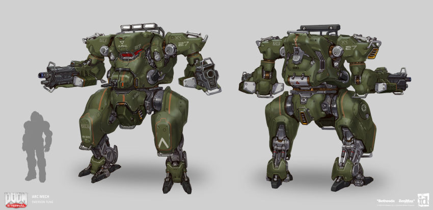 1boy arc_mech arm_cannon chest_cannon comparison concept_art doom_(series) doom_eternal doomguy emerson_tung english_commentary english_text gradient_background gun highres id_software logo machine_gun machinery mecha military official_art power_suit production_art realistic robot science_fiction signature sketch title weapon