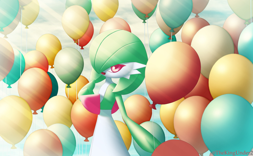 1girl absurdres artist_name balloon bob_cut colored_skin commentary day english_commentary flat_chest from_side gardevoir green_hair green_skin hair_over_one_eye hand_up happy highres holding holding_balloon light_rays looking_at_viewer multicolored_skin one_eye_covered open_mouth outdoors pokemon pokemon_(creature) red_eyes short_hair smile solo standing sunlight thekingunder twitter_username two-tone_skin watermark white_skin
