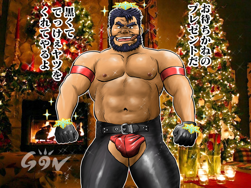 1boy bara beard black_hair briefs bulge christmas christmas_ornaments cigar clothing_cutout crotchless crotchless_pants dark-skinned_male dark_skin ded_(housamo) facial_hair forked_eyebrows glowing_snowflake gon_(gontaku) latex_pants looking_at_viewer male_focus male_underwear mature_male muscular muscular_male navel nipples old old_man pants pectorals red_male_underwear seductive_smile short_hair smile snowflakes solo sparkle stomach thick_thighs thigh_cutout thighs tokyo_afterschool_summoners topless_male underwear
