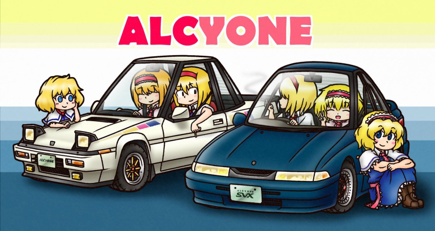 6+girls alice_margatroid black_eyes blonde_hair blue_dress blue_eyes boots brown_footwear capelet car cigarette closed_mouth cookie_(touhou) dress frilled_hairband frills full_body hair_over_eyes hairband headlamp highres hinase_(cookie) holding holding_cigarette ichigo_(cookie) jigen_(cookie) license_plate looking_at_viewer medium_bangs mgrm_ysnr motor_vehicle multiple_girls name_connection necktie open_mouth pink_hairband pink_necktie pink_sash sakuranbou_(cookie) sash short_hair smile subaru_alcyone taisa_(cookie) touhou v web_(cookie) white_capelet