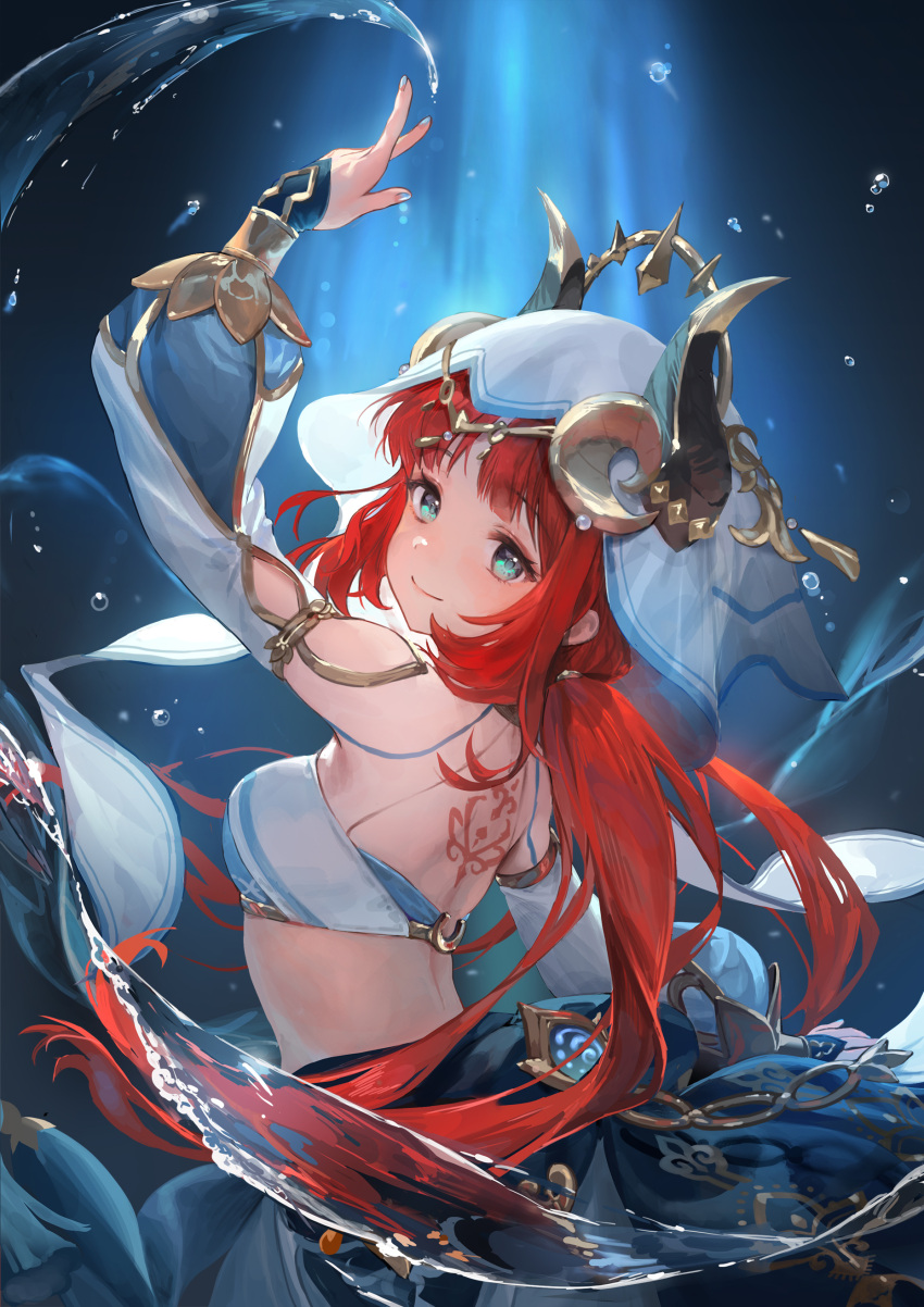 1girl absurdres aqua_eyes arm_over_head armpits back_tattoo blue_gemstone blue_skirt blunt_bangs breasts circlet detached_sleeves fake_horns from_side gem genshin_impact gold_trim harem_outfit highres horns long_hair looking_at_viewer median_furrow medium_breasts nilou_(genshin_impact) parted_bangs red_hair rwael skirt smile solo tattoo twintails veil very_long_hair water water_drop white_headwear