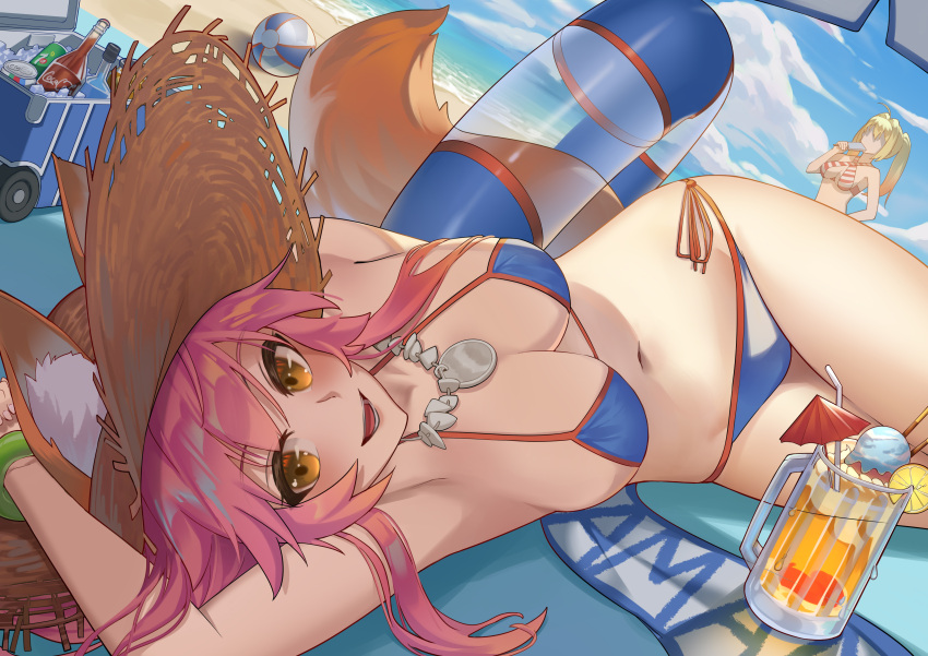 2girls absurdres ahoge animal_ear_fluff animal_ears arms_behind_back beach beach_umbrella bikini blonde_hair blue_bikini blush breasts cleavage cloud cloudy_sky coca-cola cooler criss-cross_halter day ears_through_headwear faceless fate/grand_order fate_(series) food food_in_mouth fox_ears fox_girl fox_tail hair_intakes halterneck hat highres holding holding_food innertube large_breasts long_hair looking_at_viewer lying multiple_girls navel nero_claudius_(fate) nero_claudius_(swimsuit_caster)_(fate) ocean outdoors pink_hair red_bikini side-tie_bikini_bottom sky sling_bikini_top smile straw_hat striped striped_bikini swimsuit tail tamamo_(fate) tamamo_no_mae_(swimsuit_lancer)_(fate) tamamo_no_mae_(swimsuit_lancer)_(third_ascension)_(fate) twintails type-moon umbrella water yellow_eyes zero_yee