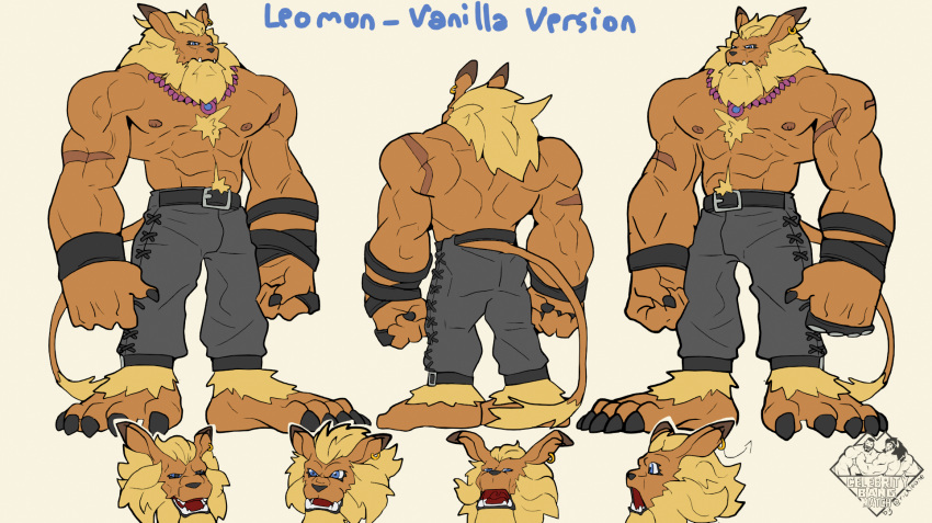 bandai_namco barazoku bottomwear clothing digimon digimon_(species) felid hi_res himbo leather leather_bottomwear leather_clothing leather_pants leomon lion male mammal mane model_sheet muscular pantherine pants rickleone