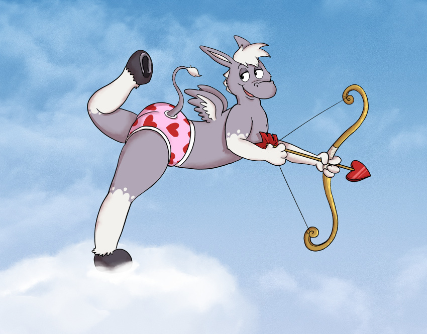 &lt;3 anthro asinus barefoot blue_sky bow_(weapon) briefs briefs_only clothed clothing cloud colored_seam_underwear cupid cupid's_arrow dominic_byrne donkey equid equine feet fur grey_body grey_fur hair heart_print_briefs heart_print_underwear hi_res hooves male mammal markings pink_briefs pink_clothing pink_underwear ranged_weapon sky smallfryspy smile solo spots spotted_markings topless underwear underwear_only weapon white_clouds white_hair white_seam_briefs white_seam_underwear