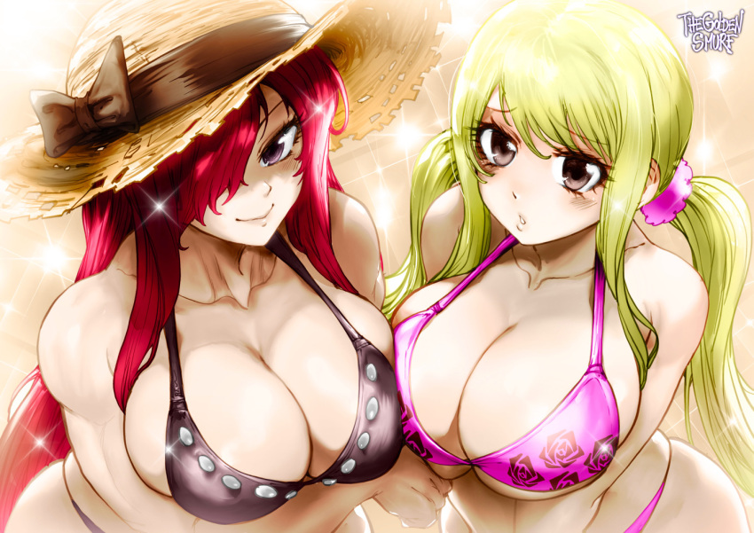 2girls arm_under_breasts bikini blonde_hair blush bow breasts brown_eyes cleavage closed_mouth collarbone erza_scarlet fairy_tail hair_over_one_eye hat hat_bow large_breasts long_hair looking_at_viewer lucy_heartfilia multiple_girls parted_lips red_hair sidelocks smile straw_hat swimsuit the_golden_smurf twintails