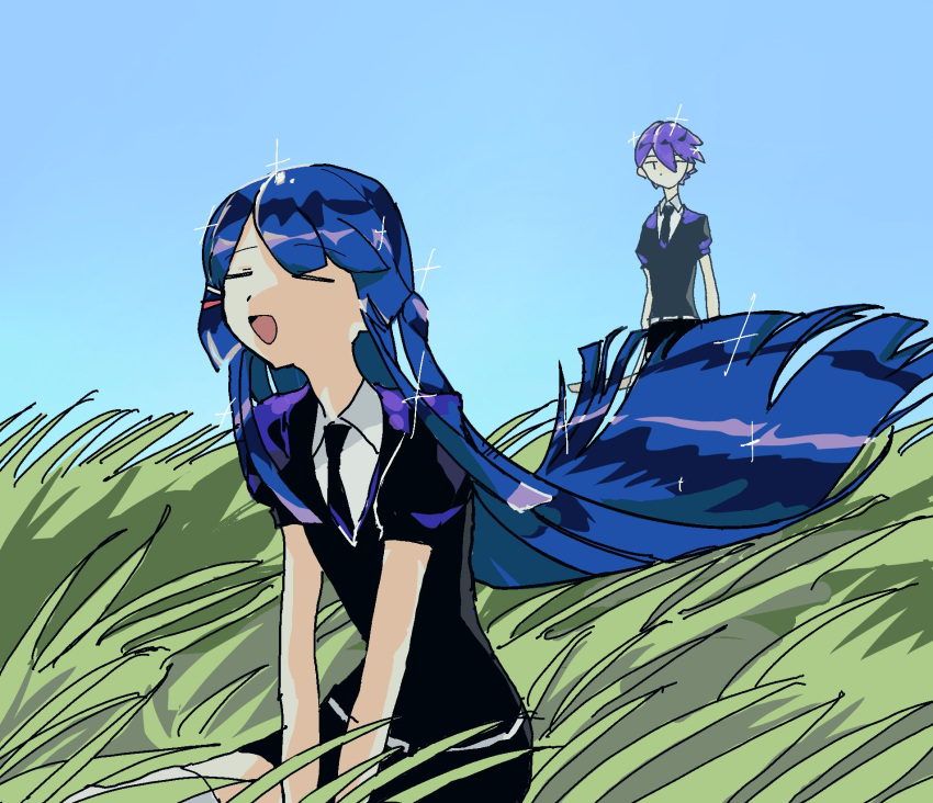 1boy 1girl =_= arm_support behind_another belt black_necktie blue_hair blue_sky blunt_ends collared_shirt commentary_request cosplay crystal_hair day floating_hair gem_uniform_(houseki_no_kuni) gwaaa_4649 hair_ornament hairclip half_updo highres hime_cut houseki_no_kuni jitome kenmochi_touya leaning_forward long_hair looking_at_another necktie nijisanji on_grass open_mouth outdoors parody puffy_short_sleeves puffy_sleeves shirt short_hair short_sleeves sidelocks sitting sky smile sparkle standing thighhighs tsukino_mito v_arms very_long_hair virtual_youtuber white_belt white_shirt white_thighhighs wind