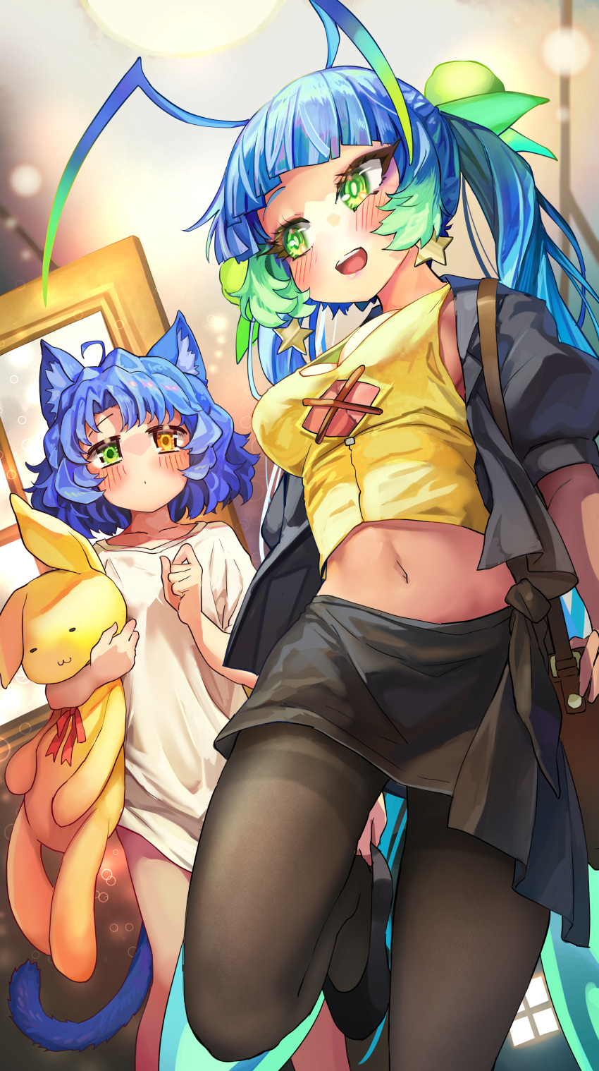 2girls :d absurdres adjusting_clothes adjusting_shoe ahoge animal_ear_fluff antenna_hair bag black_pantyhose black_skirt blue_hair blunt_bangs cat_girl commentary_request commission dot_mouth earrings green_eyes heterochromia highres indoors jewelry long_hair melaton midriff multiple_girls navel no_pants open_mouth orange_eyes original pantyhose shirt shoulder_bag skeb_commission skirt smile star_(symbol) star_earrings stuffed_toy twintails white_shirt