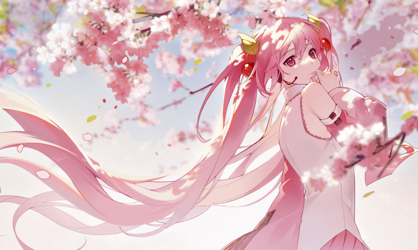 1girl absurdres alternate_color bangs cherry_blossoms cherry_hair_ornament closed_mouth commentary detached_sleeves food-themed_hair_ornament gradient_background hair_ornament hatsune_miku headset highres kanvien long_hair looking_at_viewer miku_day outdoors pink_hair pink_skirt sakura_miku shirt skirt smile solo spring_(season) twintails upper_body vocaloid white_shirt