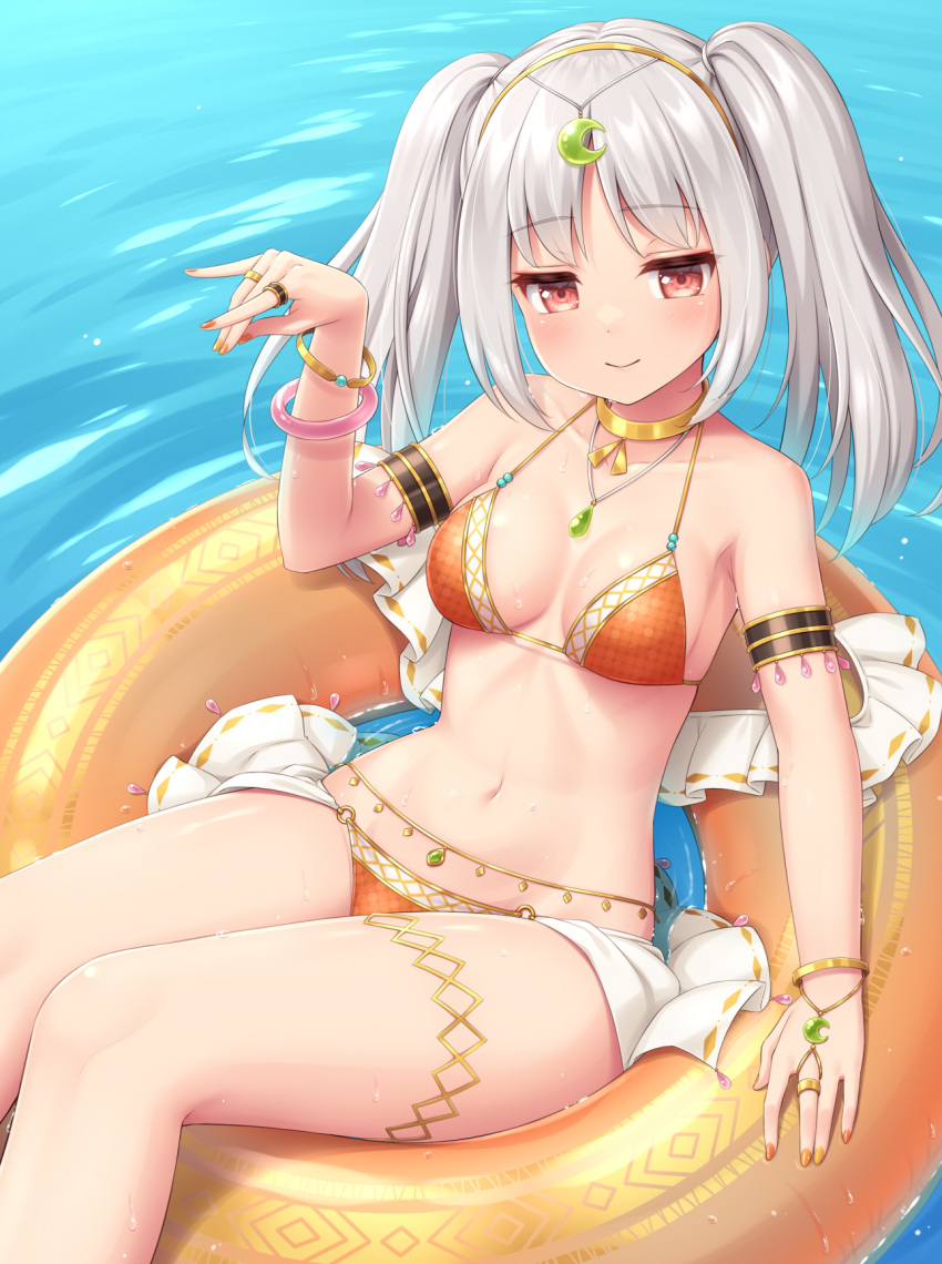 1girl armband bangle bare_shoulders bikini bikini_skirt bracelet breasts choker fox_shadow_puppet gold_choker hairband halterneck hand_up highres innertube jewelry long_hair looking_at_viewer medium_breasts multiple_rings nail_polish navel necklace orange_bikini original red_eyes ring sasaame smile solo stomach swimsuit thighlet thighs twintails water wet white_hair