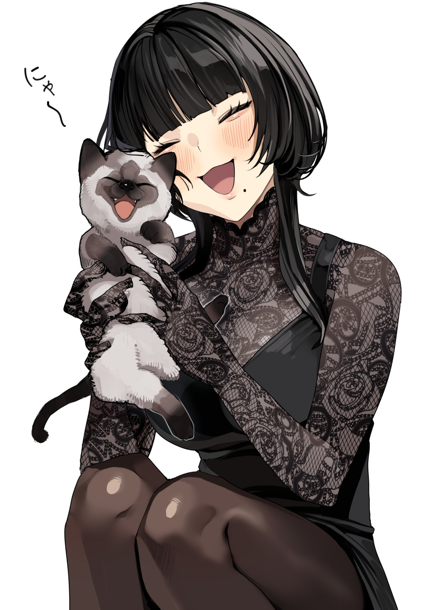 1girl absurdres animal ariadani_oriko black_dress black_hair black_pantyhose blunt_bangs blush cat closed_eyes dress gloved_sleeves gloves high_collar highres holding holding_animal holding_cat koiso_usu lace lace_gloves lace_shirt lace_sleeves long_hair mole mole_under_mouth nyan open_mouth original pantyhose short_hair_with_long_locks simple_background smile solo squatting white_background