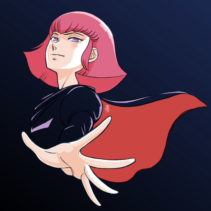 1girl aobito_sukoyaka_bystander artist_logo black_jacket blending blue_background cape expressionless from_side gradient_background gundam haman_karn highres jacket looking_to_the_side pink_hair purple_eyes reaching reaching_towards_viewer red_cape short_hair sidelocks solo two-sided_cape two-sided_fabric upper_body zeta_gundam