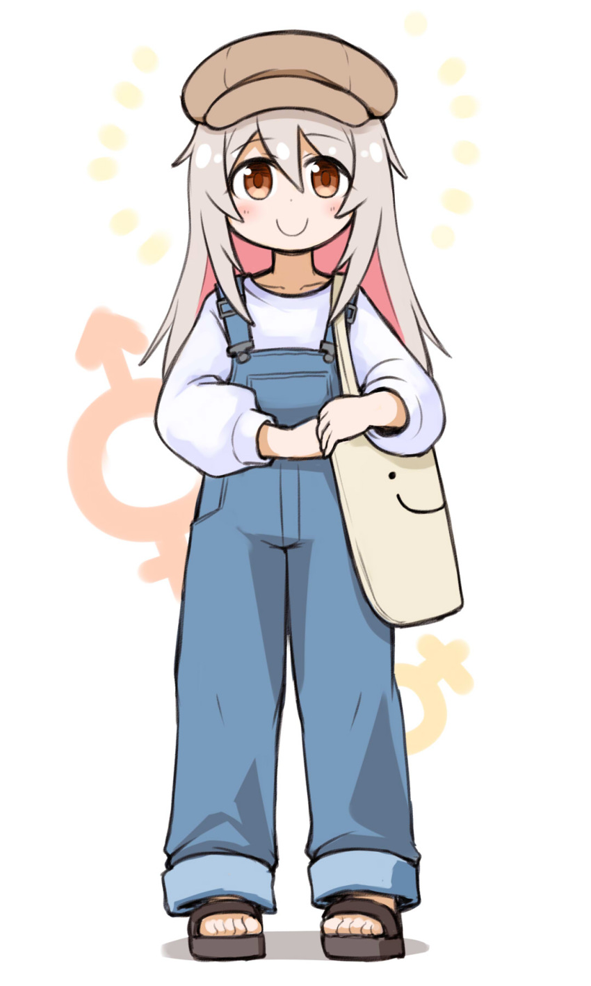 1girl bag black_footwear brown_eyes brown_headwear c: colored_inner_hair commentary full_body grey_hair hat highres kugelschreiber long_hair long_sleeves looking_at_viewer male-female_symbol multicolored_hair no_socks onii-chan_wa_oshimai! overalls oyama_mahiro pink_hair sandals shirt simple_background smile solo standing straight-on two-tone_hair white_background white_shirt