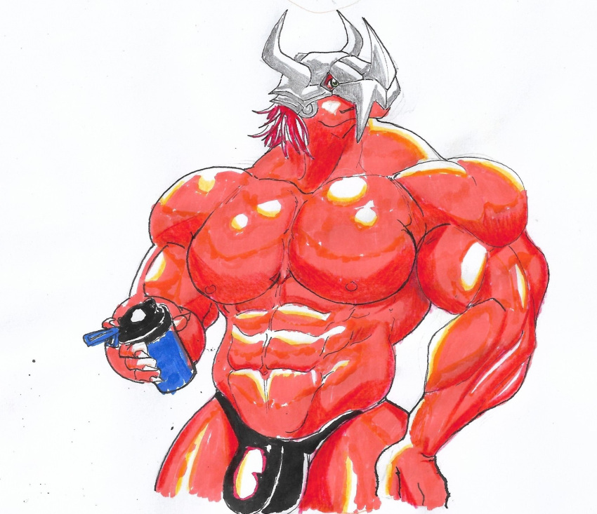 abs anthro armor bandai_namco biceps bodily_fluids bulge clothing digimon digimon_(species) fangs hair headgear helmet hi_res holding_object horn male muscular muscular_anthro muscular_male nipples orange_body pecs pinumontbalou red_hair solo sweat teeth triceps underwear wargreymon wet wet_body