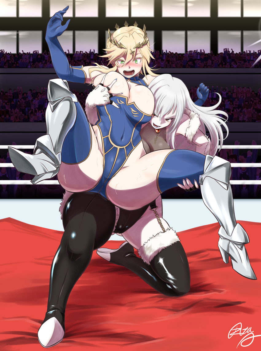 2girls absurdres armored_boots artoria_pendragon_(fate) artoria_pendragon_(lancer)_(fate) ass_visible_through_thighs black_footwear black_leotard blonde_hair blue_gloves blue_leotard blue_thighhighs blush boots breasts cleavage_cutout clothing_cutout covered_navel crown deep_skin elbow_gloves fate/grand_order fate_(series) fighting freia_kagami fur-trimmed_boots fur-trimmed_gloves fur_trim gloves grabbing grabbing_another's_breast green_eyes grey_hair hair_between_eyes hanabusa_(xztr3448) highleg highleg_leotard highres large_breasts leotard long_hair multiple_girls open_mouth sidelocks signature smile spread_legs sweat thick_thighs thigh_boots thighhighs thighs turtleneck_leotard wrestle_angels wrestling wrestling_ring