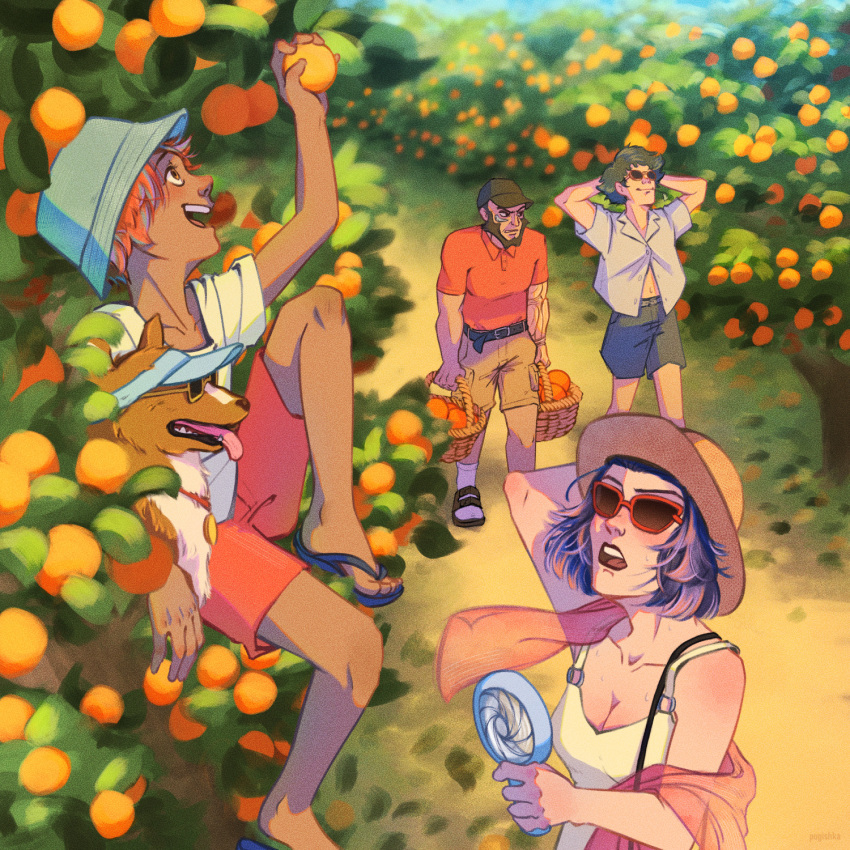 2girls annoyed beard belt breasts brown_fur collar cowboy_bebop dog edward_wong_hau_pepelu_tivrusky_iv ein_(cowboy_bebop) facial_hair faye_valentine food fruit gribok-art hat highres jet_black multiple_boys multiple_girls purple_hair red_collar shorts smile spike_spiegel summer sunglasses tree welsh_corgi