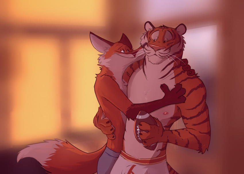 2019 4_fingers american_football anthro arm_around_back arm_around_shoulder bedroom_eyes belly blurred_background boxer_briefs boxer_briefs_only brown_arms brown_ears brown_nose brown_stripes bulge canid canine claws clothed clothing devlin_miski digital_media_(artwork) duo embrace felid fingers fluffy fluffy_tail fox front_view fur half-closed_eyes hand_on_chest hand_on_neck happy holding_object hotel_room kissing_cheek light light_beam looking_at_another looking_at_partner male male/male mammal narrowed_eyes nipples orange_body orange_fur paintfox pantherine pink_nose red_fox romantic romantic_couple seductive shirtless siberian_tiger slim_male smile sport striped_body striped_fur stripes sunbeam sunlight tail tiger topless underwear underwear_only whiskers white_belly white_tail_tip wiley_farrel window