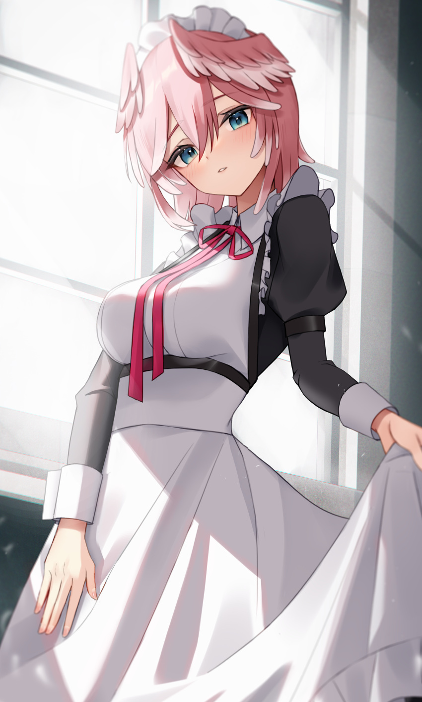 1girl absurdres apron apron_lift blue_eyes blush breasts head_wings highres hololive indoors juliet_sleeves large_breasts lifted_by_self long_sleeves looking_at_viewer maid maid_apron maid_headdress neck_ribbon pink_hair puffy_sleeves red_ribbon ribbon short_hair smile solo standing takane_lui thomas_8000 virtual_youtuber white_apron window wings