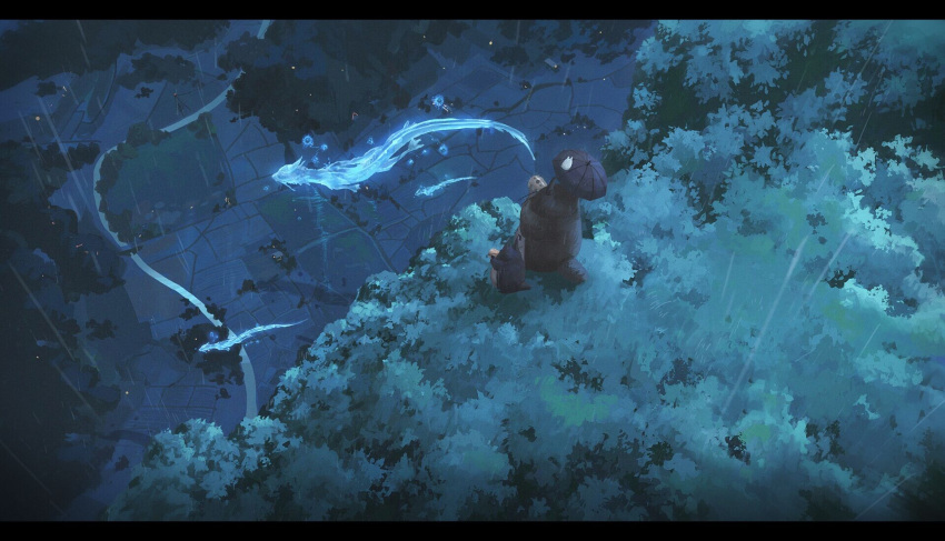 commentary cyclecircle dragon english_commentary field flying forest from_above ghost highres house landscape leaf letterboxed nature night no_humans orb original outdoors rain river scenery studio_ghibli susuwatari tonari_no_totoro totoro tree umbrella wide_shot
