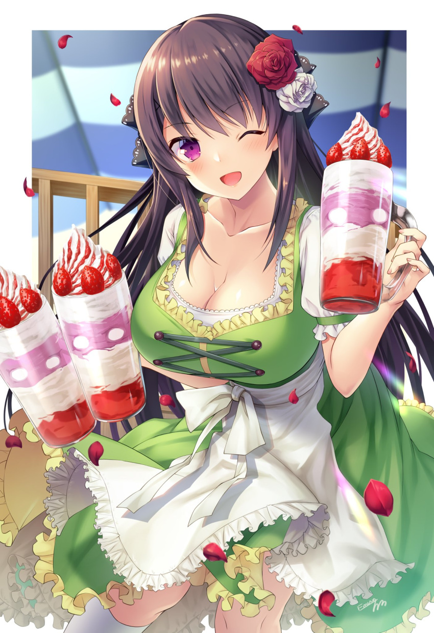 1girl :d alternate_costume ao_no_kanata_no_four_rhythm apron bag black_hair black_ribbon blurry blurry_background blush breasts cleavage cleavage_cutout clothing_cutout commentary_request commission cowboy_shot cup dress emanon123 eyes_visible_through_hair falling_petals fingernails flower food frilled_apron frilled_ribbon frilled_sleeves frills fruit green_dress hair_between_eyes hair_flower hair_ornament hair_ribbon hand_up happy highres holding holding_bag large_breasts long_hair looking_at_viewer mug one_eye_closed open_mouth petals red_flower red_rose ribbon rose second-party_source short_sleeves sidelocks skeb_commission smile socks solo standing straight-on straight_hair strawberry strawberry_parfait tobisawa_misaki very_long_hair white_apron white_flower white_rose white_socks wind wind_lift