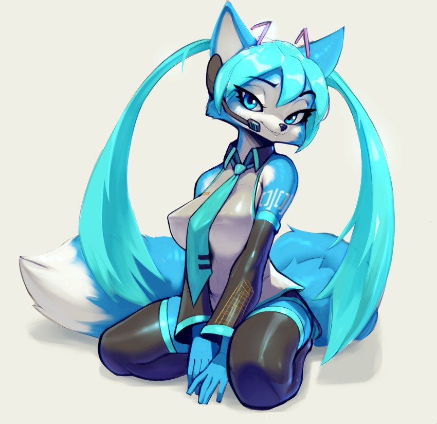 anthro blue_body blue_eyes blue_fur blue_hair breasts canid canine clothing cosplay crossover dipstick_tail female fluffy fluffy_tail fox fur fur_markings hair hatsune_miku headgear headphones headset hi_res krystal legwear looking_at_viewer mammal markings necktie nintendo oughta pigtails smile solo star_fox stockings tail tail_markings thigh_highs topwear vest vocaloid