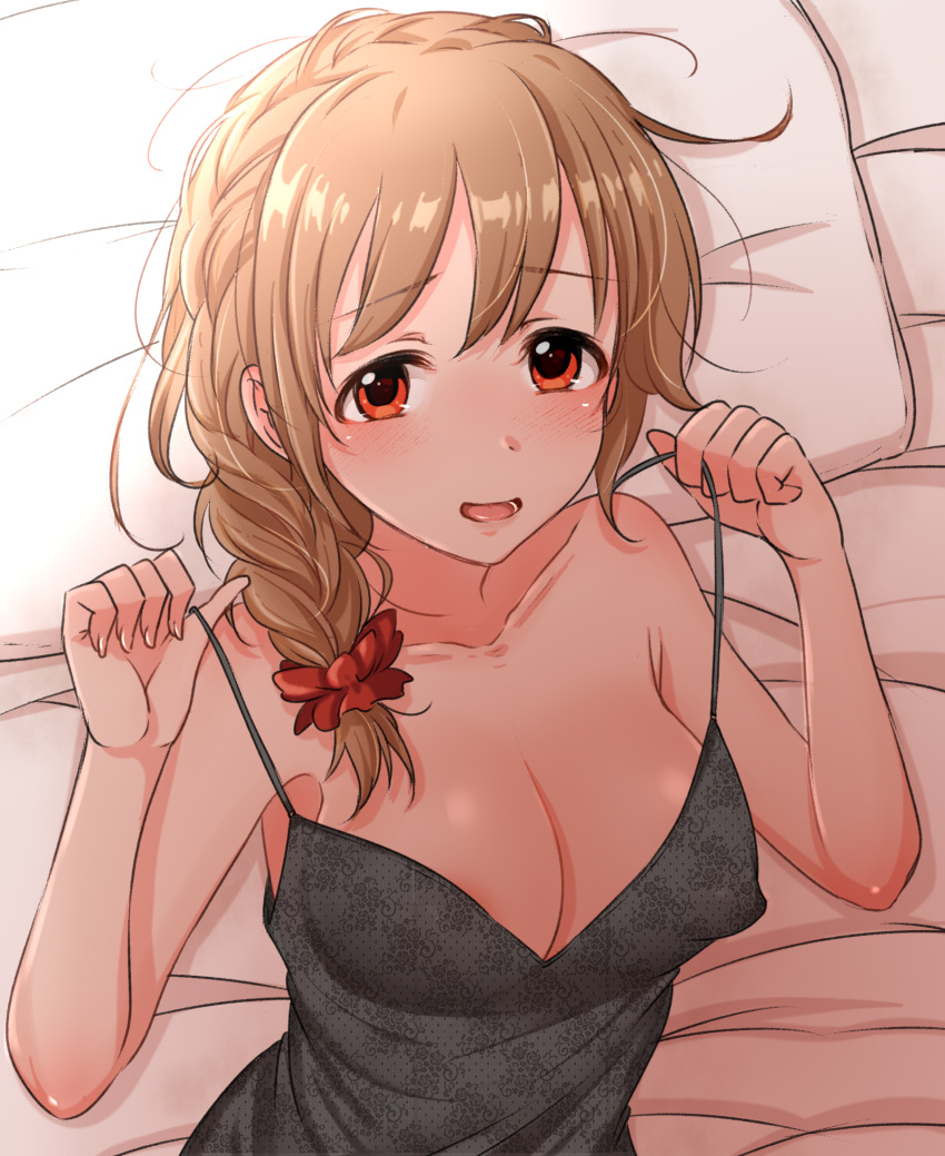 1girl areola_slip bare_shoulders bed_sheet black_negligee blush braid breasts brown_eyes brown_hair cleavage collarbone covered_nipples dot_nose hair_over_shoulder hands_up highres idolmaster idolmaster_cinderella_girls idolmaster_cinderella_girls_starlight_stage long_hair looking_at_viewer lying mariabowl medium_breasts messy_hair on_back on_bed open_mouth pillow senkawa_chihiro single_braid smile solo strap_pull