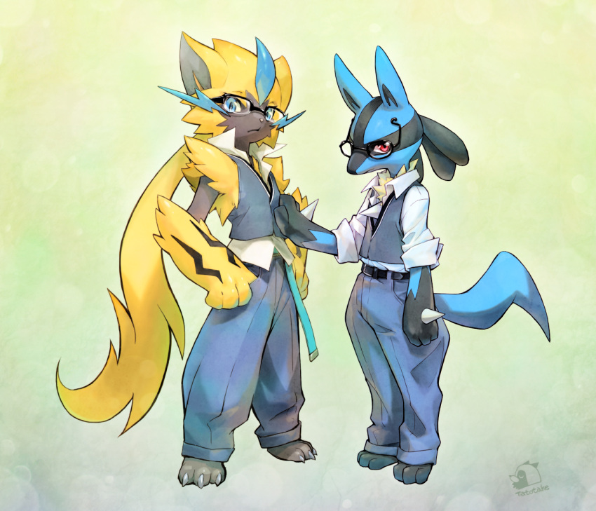 2boys animal_ears artist_logo artist_name barefoot belt blue_eyes cat_boy cat_ears claws furry furry_male glasses grey_pants hand_on_another's_stomach highres jackal_boy jackal_ears jackal_tail looking_at_viewer lucario male_focus multiple_boys ogasawara_tomy pants pokemon pokemon_(creature) red_eyes shirt sleeveless sleeveless_shirt sleeveless_sweater spikes sweater sweater_vest white_shirt zeraora