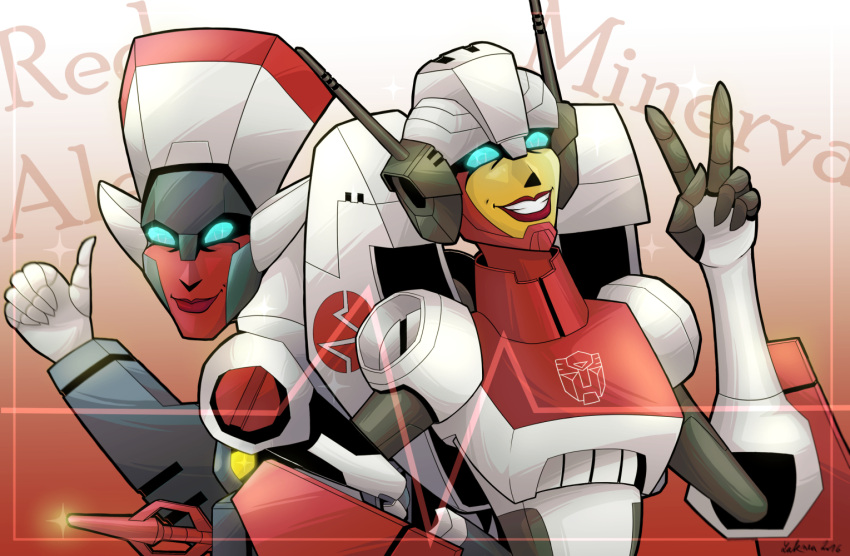 2girls autobot backpack bag blue_eyes breasts laknea looking_at_viewer mecha medium_breasts minerva_(transformers) multiple_girls nurse pointy_ears red_alert_(transformers) red_lips robot smile thumbs_up transformers transformers_animated v