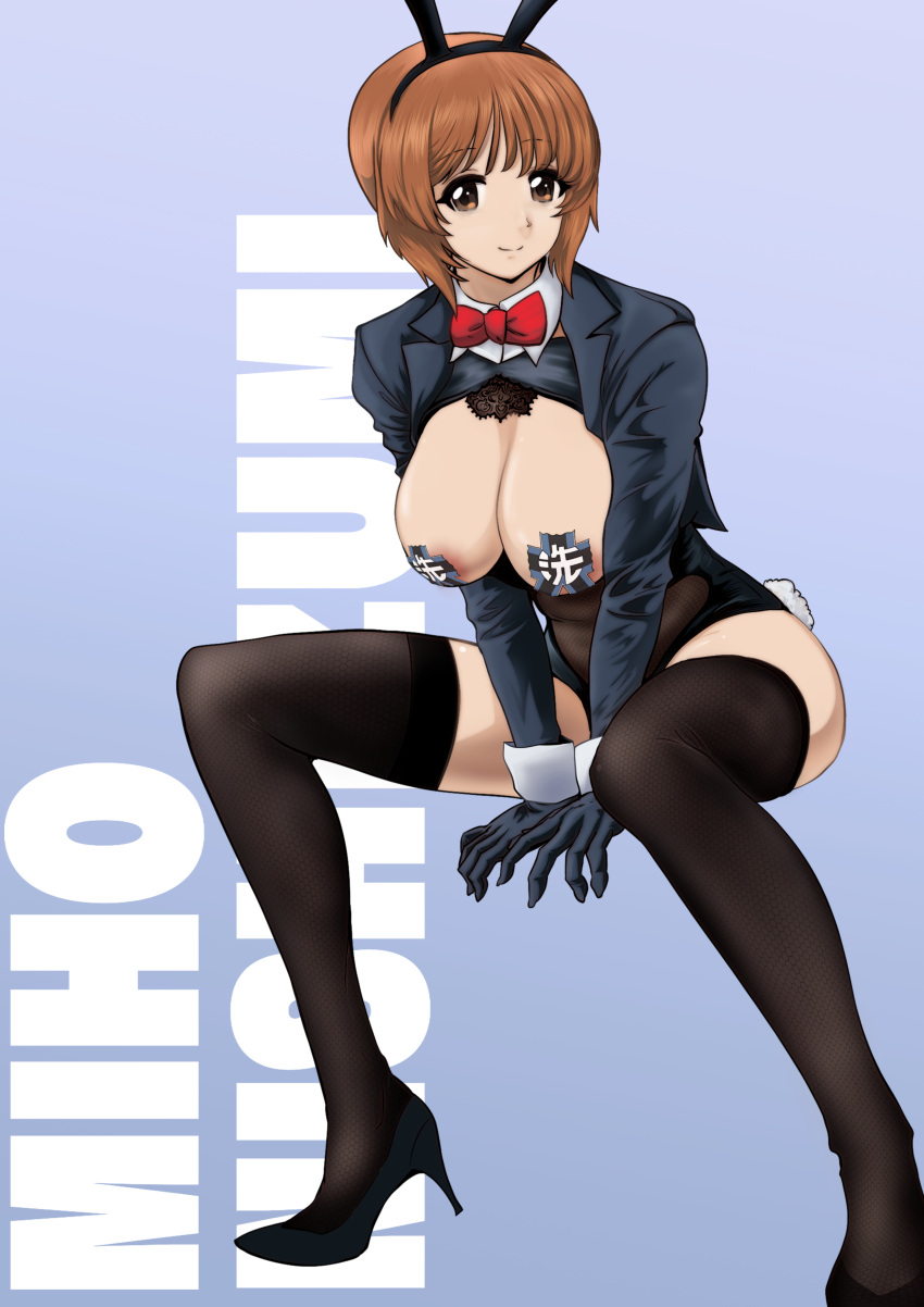 1girl absurdres animal_ears black_footwear black_gloves black_thighhighs blazer blue_background blue_jacket bow bowtie breasts character_name cleavage closed_mouth collar commentary_request detached_collar fake_animal_ears fake_tail full_body girls_und_panzer gloves high_heels highres invisible_chair jacket large_breasts leaning_forward leotard long_sleeves looking_at_viewer nishizumi_miho partial_commentary pasties playboy_bunny rabbit_ears rabbit_tail red_bow red_bowtie shrug_(clothing) simple_background sitting smile solo strapless strapless_leotard tail text_background thighhighs v_arms white_collar wing_collar yoyokkun