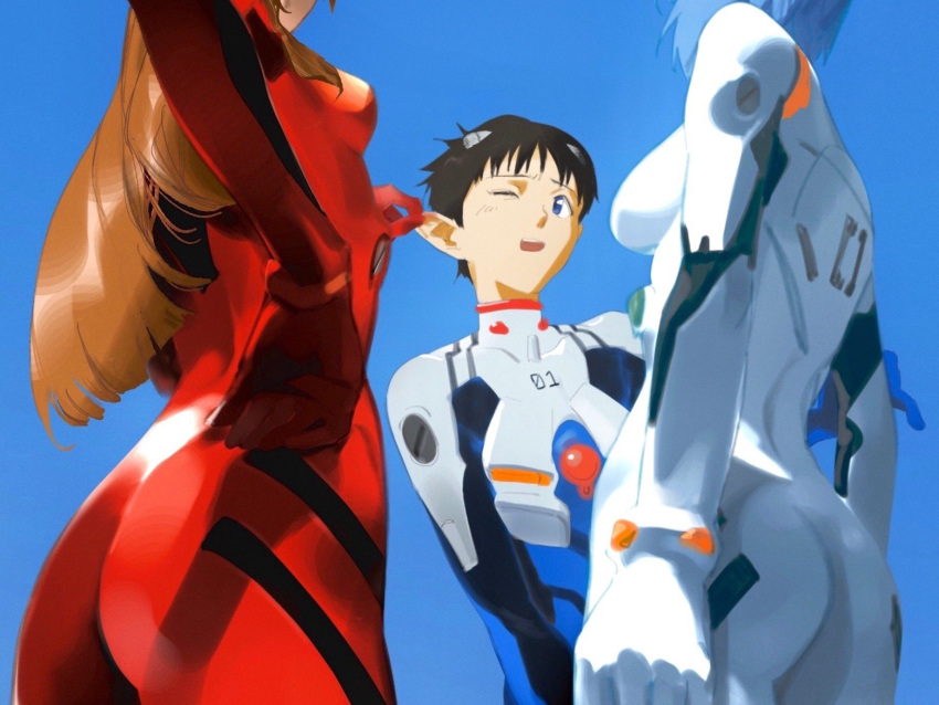 1boy 2girls 7enn ass ayanami_rei blue_background blue_eyes blue_hair bodysuit highres ikari_shinji multiple_girls neon_genesis_evangelion one_eye_closed open_mouth orange_hair pilot_suit plugsuit red_bodysuit simple_background souryuu_asuka_langley standing white_bodysuit