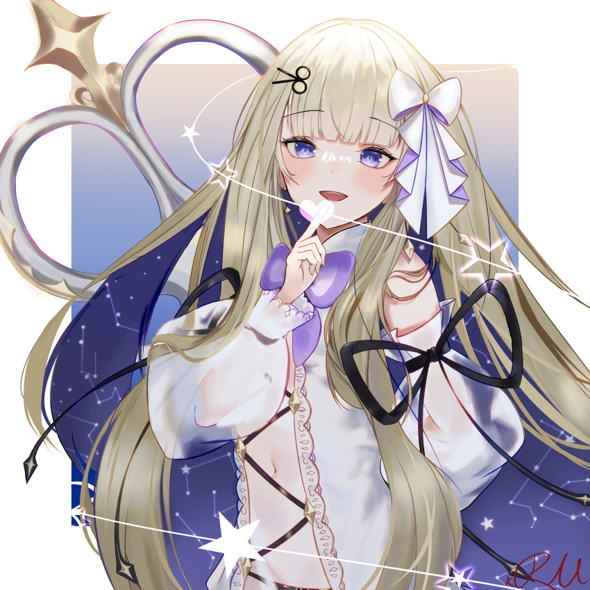 1girl absurdres amanogawa_shiina black_panties black_ribbon blonde_hair bow bowtie colored_inner_hair constellation_print cross-laced_clothes detached_sleeves flat_chest hair_bow hair_ornament heart highres long_hair multicolored_hair navel oversized_object panties phase_connect purple_bow purple_bowtie purple_eyes revealing_clothes ribbon scissors scissors_hair_ornament see-through see-through_sleeves signature star_(symbol) underwear very_long_hair virtual_youtuber white_bow xsilentred