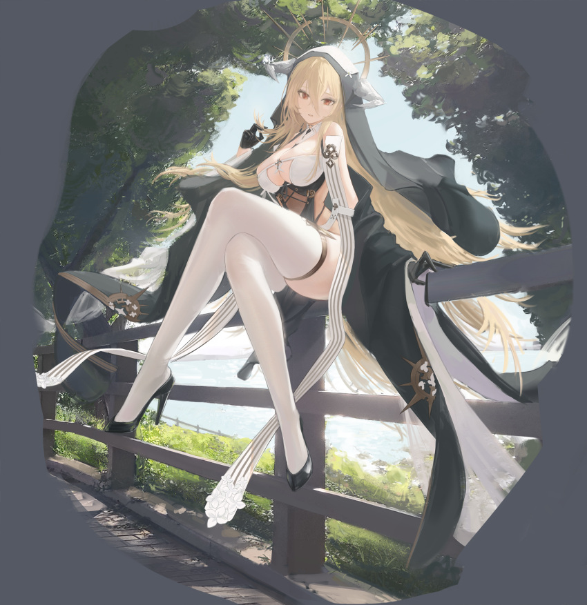 1girl azur_lane bare_shoulders black_dress black_footwear black_gloves blonde_hair breasts brown_eyes cleavage commentary_request covered_navel cross crossed_legs detached_sleeves dress fence full_body gloves habit hair_between_eyes half_gloves halo high_heels highres horns implacable_(azur_lane) large_breasts long_hair long_sleeves looking_at_viewer navel nun outdoors playing_with_own_hair sidelocks sitting solo thighhighs thighs tree veil very_long_hair white_thighhighs wide_sleeves wooden_fence yue_zheng_zhi_yu