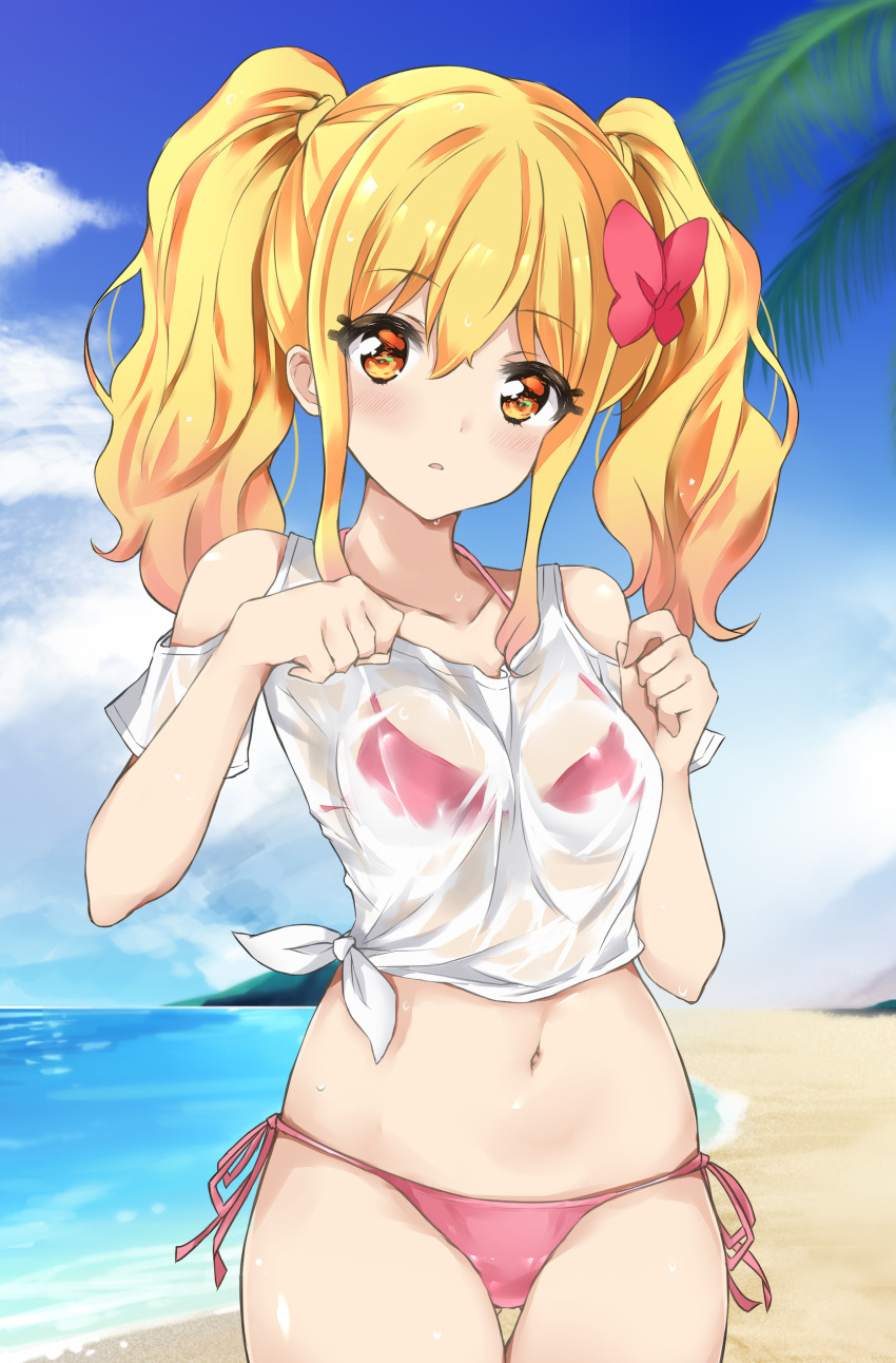 1girl absurdres aikatsu!_(series) aikatsu_stars! ass_visible_through_thighs bare_shoulders beach belly bikini bikini_under_clothes blonde_hair blue_sky bow breasts clenched_hands cloud cloudy_sky collarbone cowboy_shot crop_top day expressionless hair_between_eyes hair_bow hands_up head_tilt highres kawahara_natsuki light_blush looking_at_viewer medium_hair midriff navel nijino_yume ocean off-shoulder_shirt off_shoulder open_mouth orange_eyes outdoors pink_bikini red_bow see-through see-through_shirt shirt short_sleeves side-tie_bikini_bottom sidelocks sky small_breasts solo standing string_bikini swimsuit thigh_gap twintails wavy_hair wet wet_clothes wet_shirt white_shirt