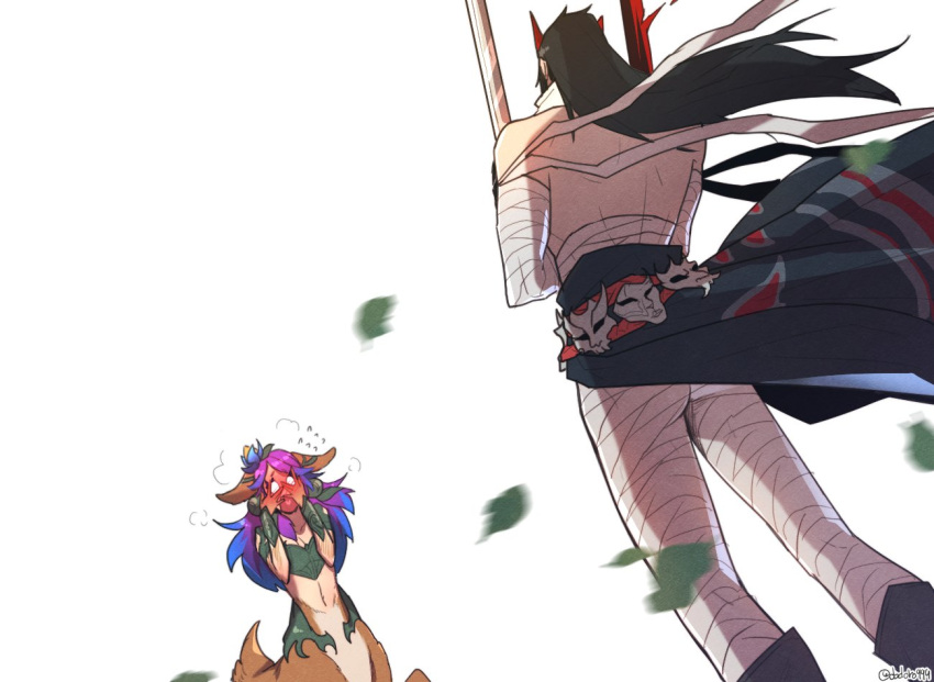 1boy 1girl animal_ears artist_name bandaged_arm bandaged_leg bandages black_hair blush covering_own_eyes dodoro999 holding holding_sword holding_weapon leaf league_of_legends lillia_(league_of_legends) long_hair navel open_mouth purple_hair simple_background standing sword weapon white_background yone_(league_of_legends)