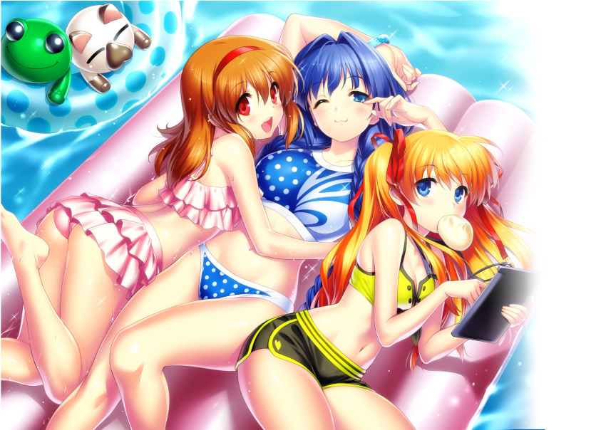 3girls :3 :d alternate_costume alternate_hairstyle arm_above_head ass back baozi bare_arms bare_shoulders barefoot bikini blue_bikini blue_bracelet blue_eyes blue_hair blue_innertube blush braid breasts brown_hair cleavage closed_mouth comiket_97 curvy day eyelashes eyes_visible_through_hair feet feet_out_of_frame food food_in_mouth frilled_bikini frills from_above green_bikini hair_between_eyes hair_intakes hair_over_shoulder hair_ribbon hair_spread_out hairband half-closed_eyes hands_up happy head_tilt highres holding holding_tablet_pc hug kanon keropii knees_together_feet_apart large_breasts long_hair looking_up low_twin_braids lying minase_nayuki multiple_girls navel non-web_source on_back on_stomach one_eye_closed orange_hair outdoors pink_bikini polka_dot polka_dot_bikini pool red_eyes red_hairband red_ribbon relaxing ribbon round_teeth sawatari_makoto shiny_skin side-by-side sidelocks small_breasts smile sparkle stomach swimsuit tablet_pc tears teeth the_pose thighs tsukimiya_ayu twin_braids two_side_up upper_teeth_only very_long_hair wet wet_hair zen_(kamuro)