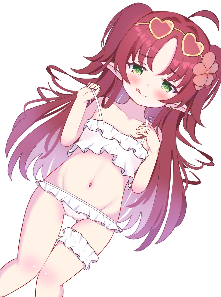 1girl :q absurdres ahoge arknights bare_arms bare_shoulders bikini blush cameltoe closed_mouth collarbone commentary_request dutch_angle eyewear_on_head feet_out_of_frame frilled_bikini frills green_eyes groin hands_up heart heart-shaped_eyewear highres knees_together_feet_apart long_hair looking_at_viewer myrtle_(arknights) myrtle_(summer_flowers)_(arknights) navel parted_bangs pointy_ears pulled_by_self rebaa red-tinted_eyewear red_hair simple_background smile solo strap_pull sunglasses swimsuit tinted_eyewear tongue tongue_out two_side_up very_long_hair white_background white_bikini yellow-framed_eyewear