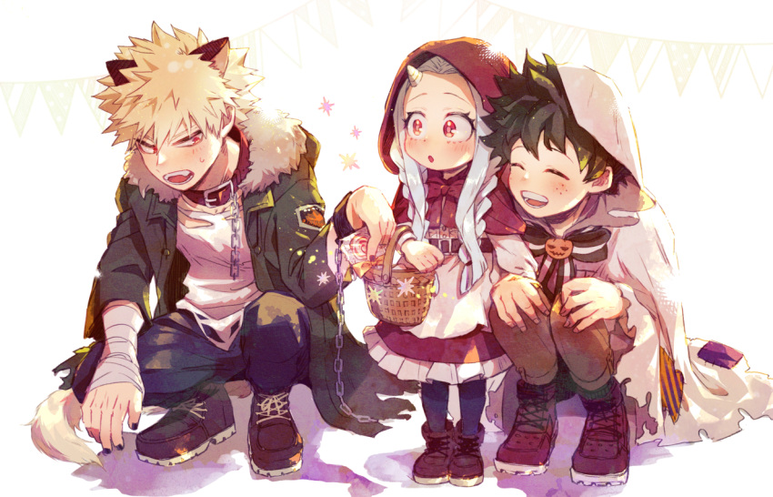 1girl 2boys :o alternate_costume animal_collar animal_ears ankle_boots arm_on_knee bakugou_katsuki bandaged_wrist bandages basket belt belt_buckle black_nails blonde_hair blue_pants blush boku_no_hero_academia boots bow bowtie braid bright_pupils broken broken_chain brooch brown_belt brown_footwear buckle candy capelet carrying chain chain_leash child cloak clothing_request collar commentary_request cosplay cross-laced_footwear cuffs dated_commentary drawstring embarrassed eri_(boku_no_hero_academia) facing_another fake_animal_ears fangs fingernails food freckles frills full_body fur-trimmed_jacket fur_trim ghost_costume green_hair green_jacket green_socks grey_hair hair_between_eyes hair_over_shoulder halloween halloween_costume hand_up hands_on_own_knees hands_up happy hood hood_up hooded_capelet hooded_cloak horns jacket jewelry lapels leaning_forward leash legs_together little_red_riding_hood little_red_riding_hood_(grimm) little_red_riding_hood_(grimm)_(cosplay) lollipop long_hair long_sleeves looking_at_viewer looking_to_the_side midoriya_izuku multiple_boys official_alternate_costume open_mouth orange_bow orange_pants pants parted_bangs partial_commentary patch pink_pupils pumpkin_brooch purple_thighhighs red_bow red_bowtie red_capelet red_collar red_eyes red_footwear scar scar_on_hand shackles shade shadow shirt short_hair side-by-side sideways_glance simple_background single_horn slav_squatting smile socks spiked_hair squatting standing string_of_flags striped striped_bow striped_bowtie striped_socks swirl_lollipop tail tannoci thighhighs torn_cloak torn_clothes torn_jacket torn_shirt twin_braids v-shaped_eyebrows vertical-striped_socks vertical_stripes werewolf_costume white_background white_cloak white_shirt wolf_ears wolf_tail