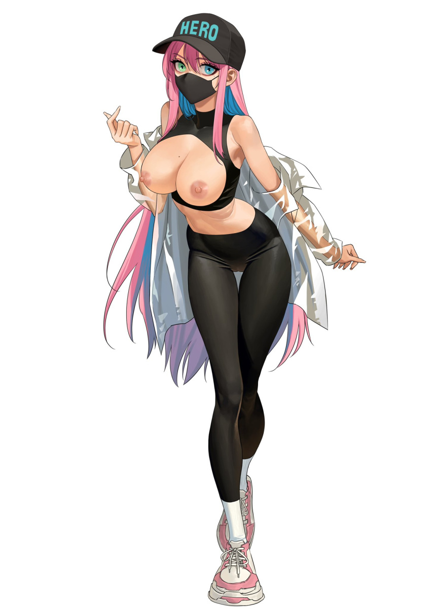 1girl bare_shoulders baseball_cap black_headwear black_leggings blue_eyes blue_hair breastless_clothes breasts colored_inner_hair commentary commission crop_top cross-laced_footwear english_commentary english_text finger_heart fingernails green_eyes hair_between_eyes hat heterochromia highres hongcasso jacket jacket_partially_removed large_breasts leaning_forward leggings long_fingernails long_hair long_sleeves mask mole mole_on_breast mole_under_eye mouth_mask multicolored_hair nipples open_clothes open_jacket original pink_hair see-through see-through_jacket shoes simple_background sneakers socks solo standing standing_on_one_leg thigh_gap very_long_hair white_background white_socks