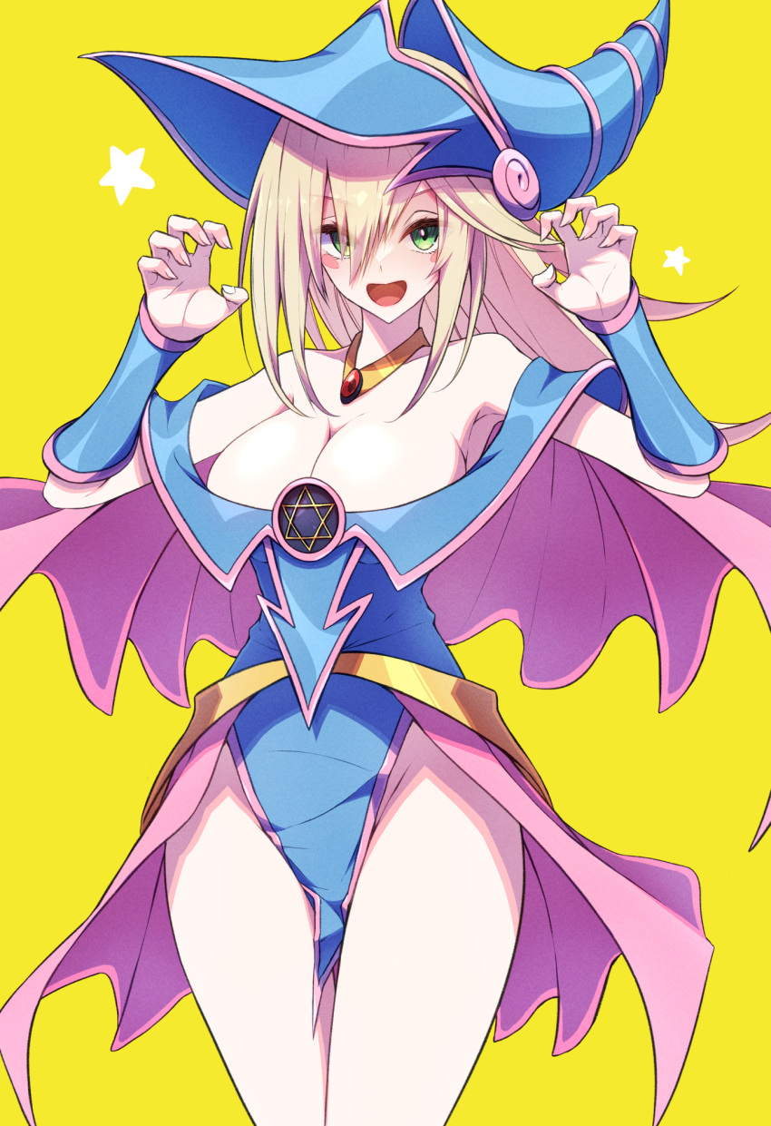 1girl armpits bare_shoulders blonde_hair blue_leotard blush_stickers breasts claw_pose cleavage collarbone dark_magician_girl duel_monster green_eyes hair_over_eyes hands_up hat highres jewelry large_breasts leotard long_hair mosu_(korikan) necklace open_mouth pentacle solo star_(symbol) thighhighs thighs vambraces yellow_background yu-gi-oh!