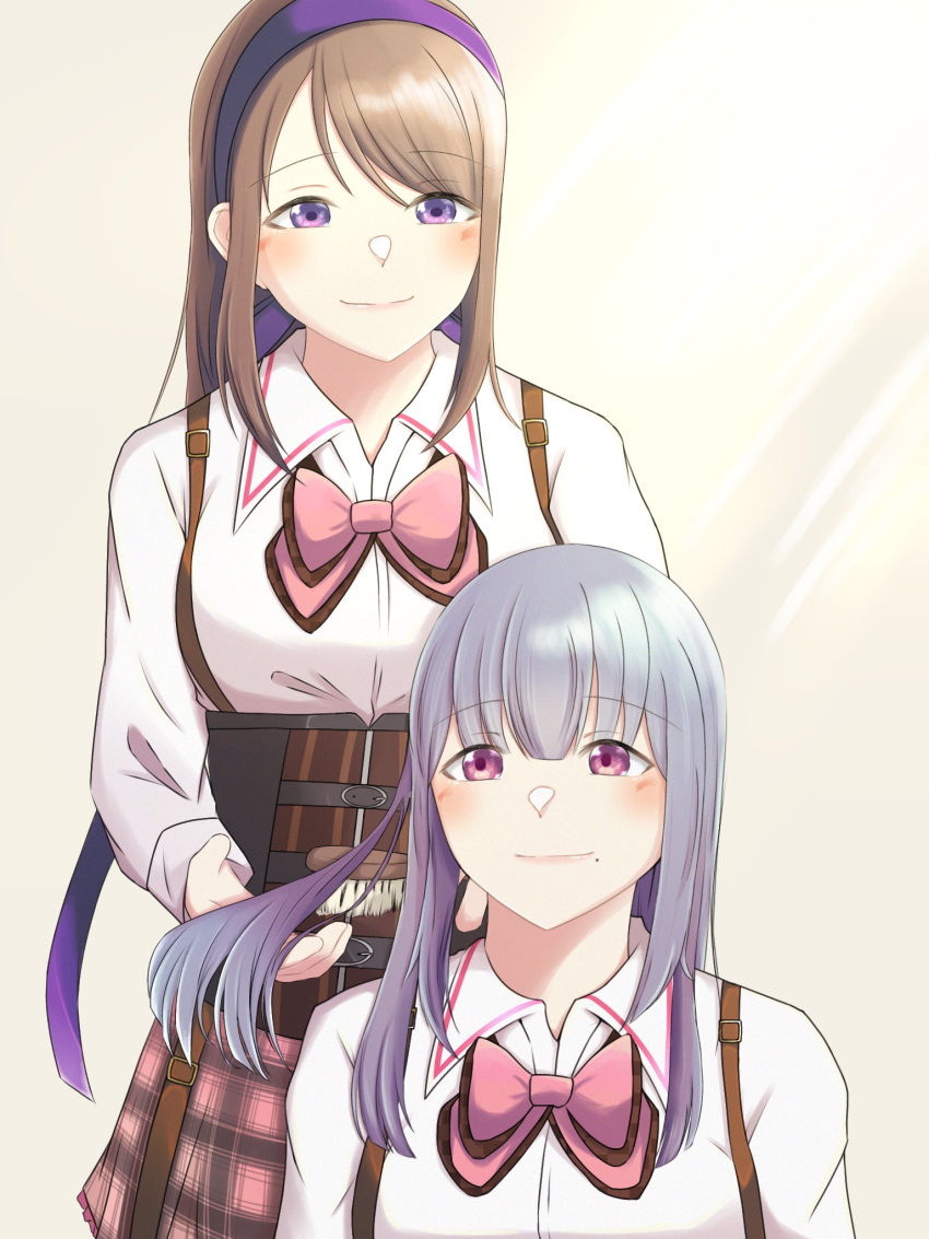 2girls arms_at_sides assault_lily behind_another blush bow bowtie brown_background brushing_another's_hair brushing_hair closed_mouth collared_shirt commentary corset cowboy_shot fukuyama_jeanne_sachie gradient_background grey_hair hair_brush hair_ribbon hairband highres holding holding_another's_hair holding_brush kishimoto_maria_mirai long_hair long_sleeves looking_at_another looking_down looking_up ludvico_private_girls'_academy_school_uniform mimura_(eh_mi0) mole mole_under_mouth multiple_girls pink_bow pink_bowtie pink_eyes pink_skirt plaid plaid_skirt purple_eyes purple_hairband purple_ribbon ribbon school_uniform shirt sidelocks skirt smile standing sunlight suspenders swept_bangs underbust white_shirt