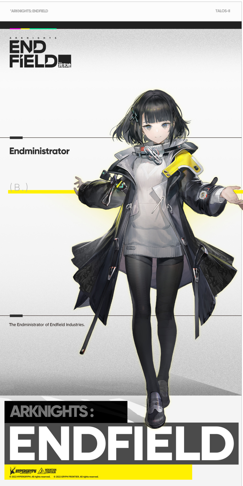 1girl arknights arknights:_endfield black_coat black_eyes black_hair black_pantyhose coat cowboy_shot endministrator_(arknights) female_endministrator_(arknights) hair_ornament highres layered_sleeves long_sleeves looking_at_viewer official_art open_clothes open_coat open_hand pantyhose ribbed_sweater short_hair simple_background smile solo sweater transparent_background white_sweater
