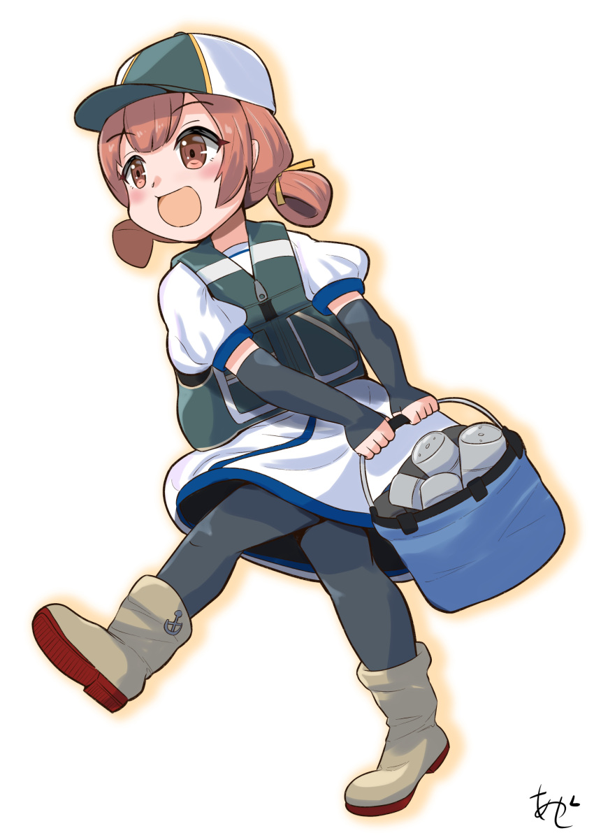 1girl akashieru baseball_cap black_pantyhose boots brown_eyes brown_hair bucket depth_charge dress grey_footwear grey_vest hair_rings hat highres kaiboukan_no._4_(kancolle) kantai_collection long_hair low_twintails official_alternate_costume one-hour_drawing_challenge open_mouth pantyhose rubber_boots short_sleeves simple_background smile solo twintails two-tone_hat vest white_background white_dress