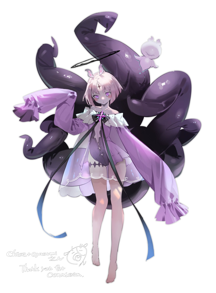 absurdres animal_ears barefoot blush bukurote chise_(vtuber) chiseoyasumi dress eyecolyte_(chiseoyasumi) facial_mark flat_chest forehead_mark frills full_body halo highres leotard looking_at_viewer off_shoulder purple_eyes purple_hair ribbon sea_angel see-through shaded_face short_hair signature tentacles thigh_strap very_long_sleeves watermark white_background