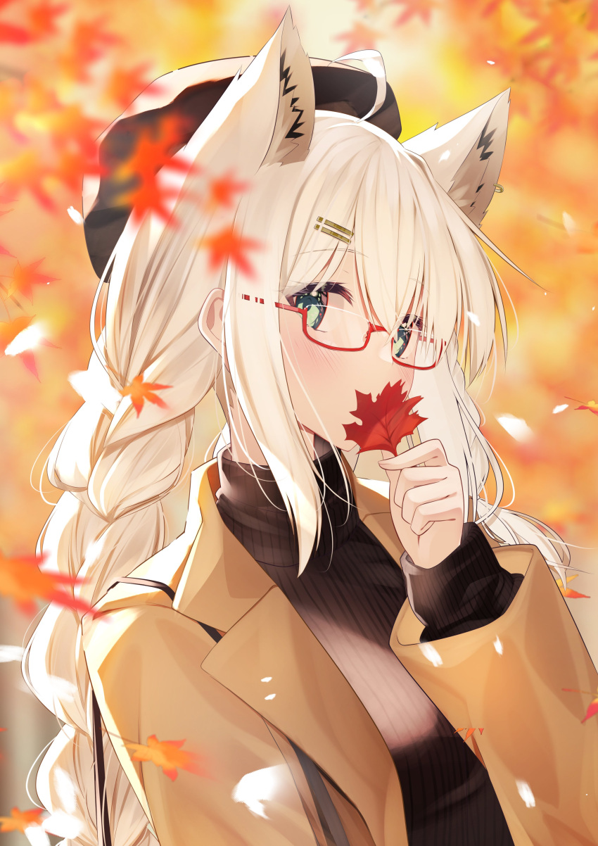 1girl absurdres ahoge alternate_costume animal_ear_fluff animal_ears aqua_eyes autumn autumn_leaves bag beret black_sweater blurry blurry_background borumete braid brown_coat coat crossed_bangs day extra_ears falling_leaves fox_ears fox_girl from_side glasses hair_between_eyes hair_ornament hairclip handbag hat highres holding holding_leaf hololive leaf long_hair long_sleeves looking_at_viewer maple_leaf outdoors red-framed_eyewear semi-rimless_eyewear shirakami_fubuki side_braid sidelocks solo sweater tail tree turtleneck turtleneck_sweater twin_braids under-rim_eyewear virtual_youtuber white_hair