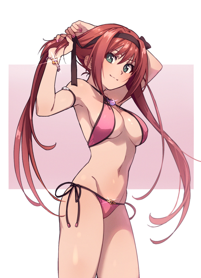 1girl airi_(queen's_blade) airi_(the_infernal_temptress) bikini black_headband breasts bright_pupils headband highres jewelry long_hair looking_at_viewer medium_breasts navel nifffi pink_bikini queen's_blade red_hair shiny_skin side-tie_bikini_bottom solo standing swimsuit twintails underboob